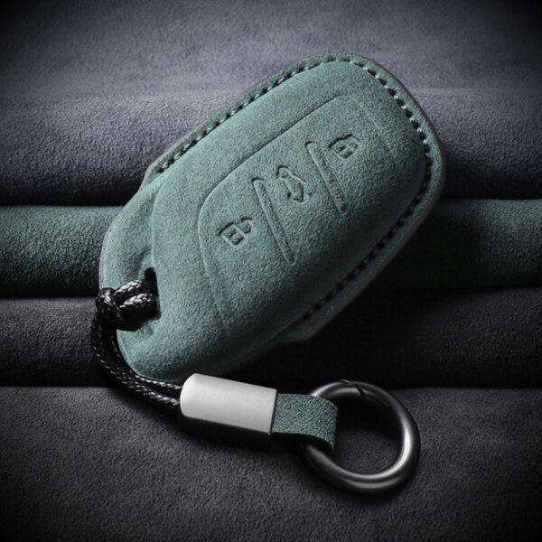 Funda de Alcantara para llaves de coche MG (tipo MG6) in verde, con llavero | Carocase Premium Funda de llave de coche protectora carcasa estuche