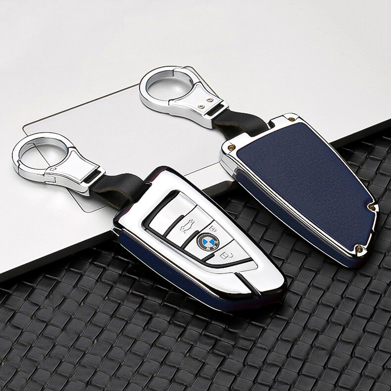 Aluminium, Leder Schlüssel Cover passend für BMW Schlüssel  HEK15-B6 Premium Schutzhülle Autoschlüssel Case