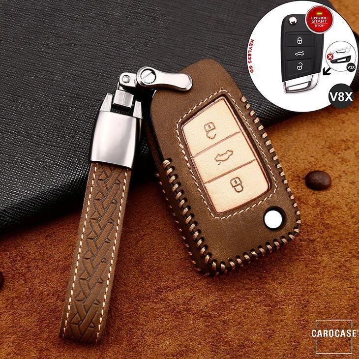 Premium Leder Cover passend für Volkswagen, Skoda, Seat Autoschlüssel inkl. Lederband und Karabiner  LEK31-V8X Premium Autoschlüssel Schutzhülle - Detailansicht 2